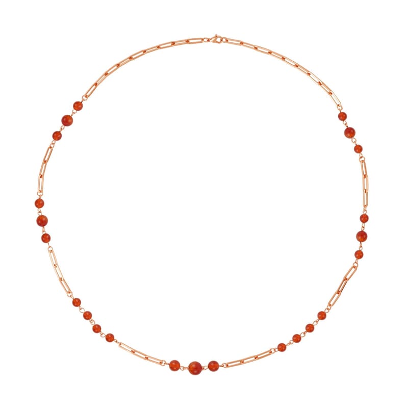 Red Agate 50.00 ctw Beaded Station and Paper Clip Chain Necklace in ION Plated RG Stainless Steel 30 Inches