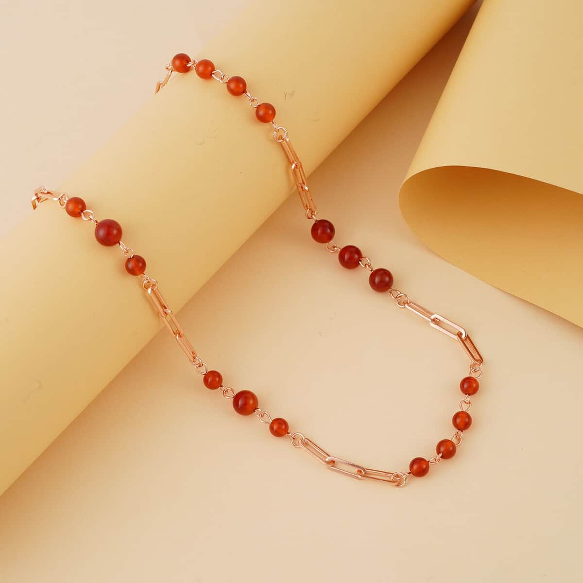 Red Agate 50.00 ctw Beaded Station and Paper Clip Chain Necklace in ION Plated RG Stainless Steel 30 Inches image number 1