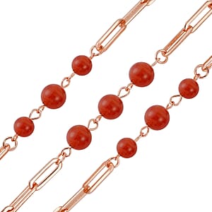 Red Agate 50.00 ctw Beaded Station and Paper Clip Chain Necklace in ION Plated RG Stainless Steel 30 Inches