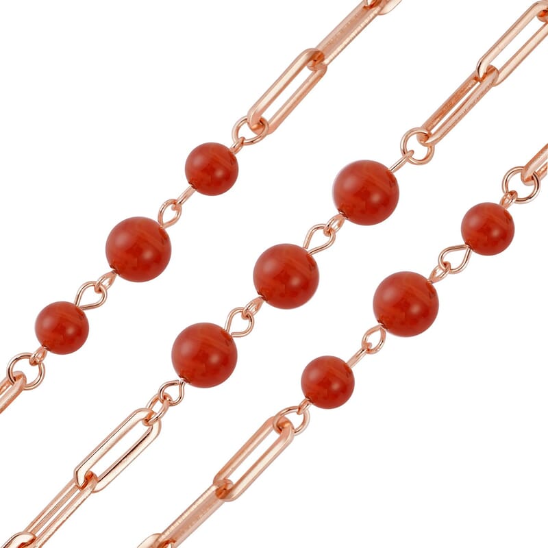 Red Agate 50.00 ctw Beaded Station and Paper Clip Chain Necklace in ION Plated RG Stainless Steel 30 Inches