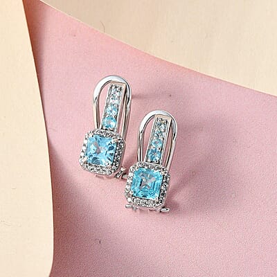 Madagascar Paraiba Apatite and White Zircon Earrings in Platinum Over Sterling Silver 2.00 ctw