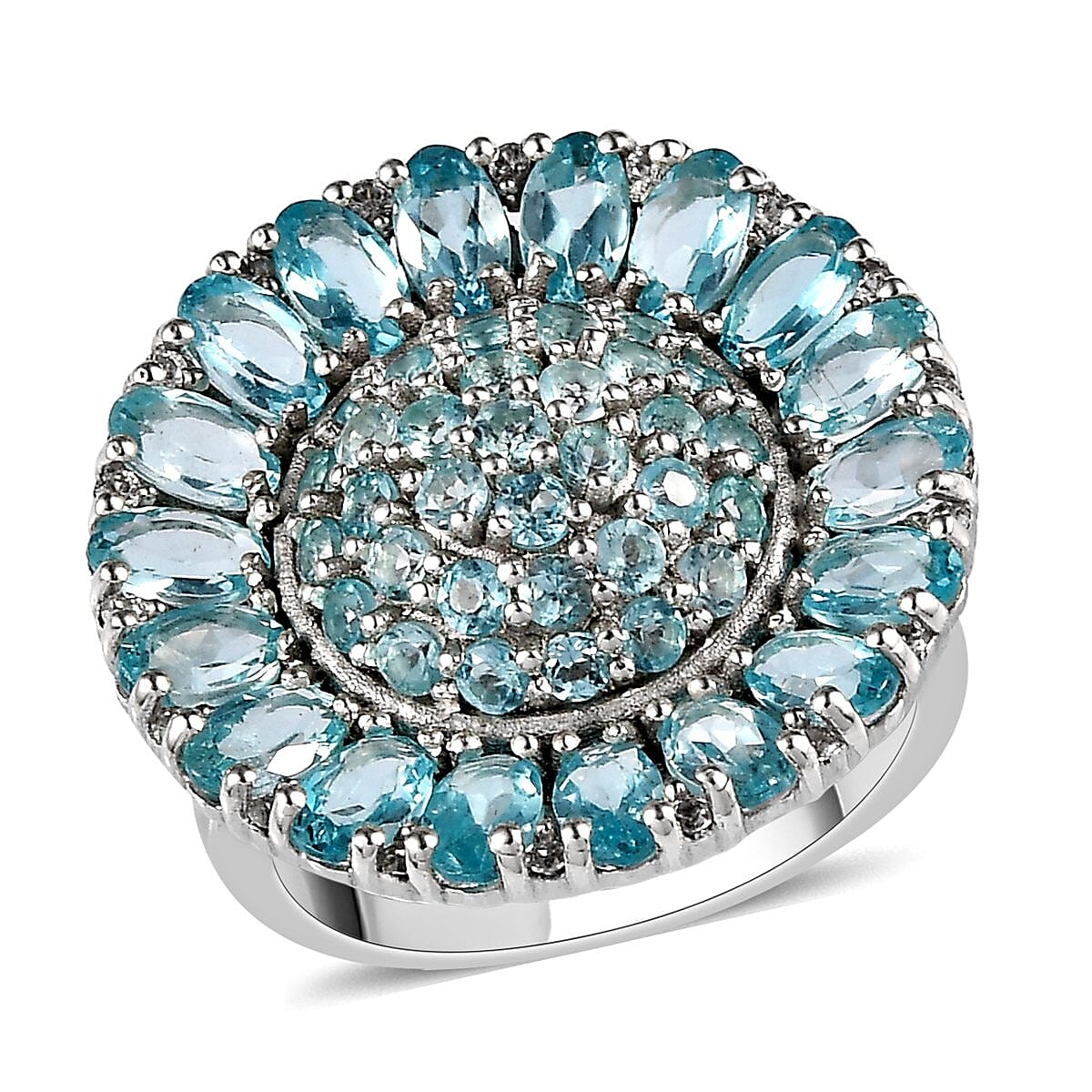 Madagascar Paraiba Apatite and Natural White Zircon Ring in Platinum Over Sterling Silver (Size 10.0) 6.10 ctw