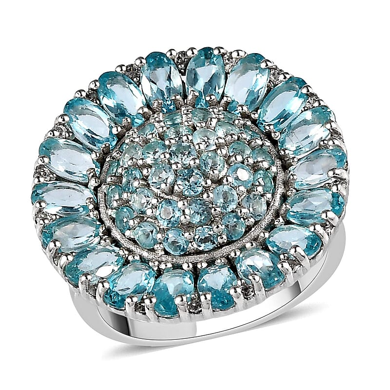 Madagascar Paraiba Apatite and Natural White Zircon Ring in Platinum Over Sterling Silver (Size 10.0) 6.10 ctw