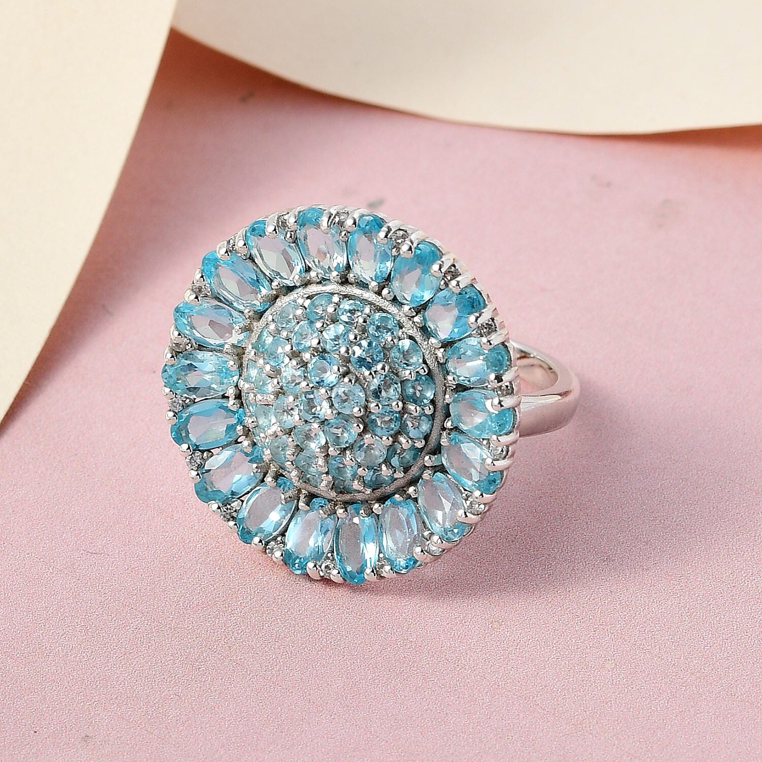 Madagascar Paraiba Apatite and Natural White Zircon Ring in Platinum Over Sterling Silver (Size 10.0) 6.10 ctw