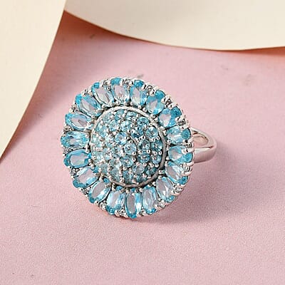 Madagascar Paraiba Apatite and Natural White Zircon Ring in Platinum Over Sterling Silver (Size 10.0) 6.10 ctw