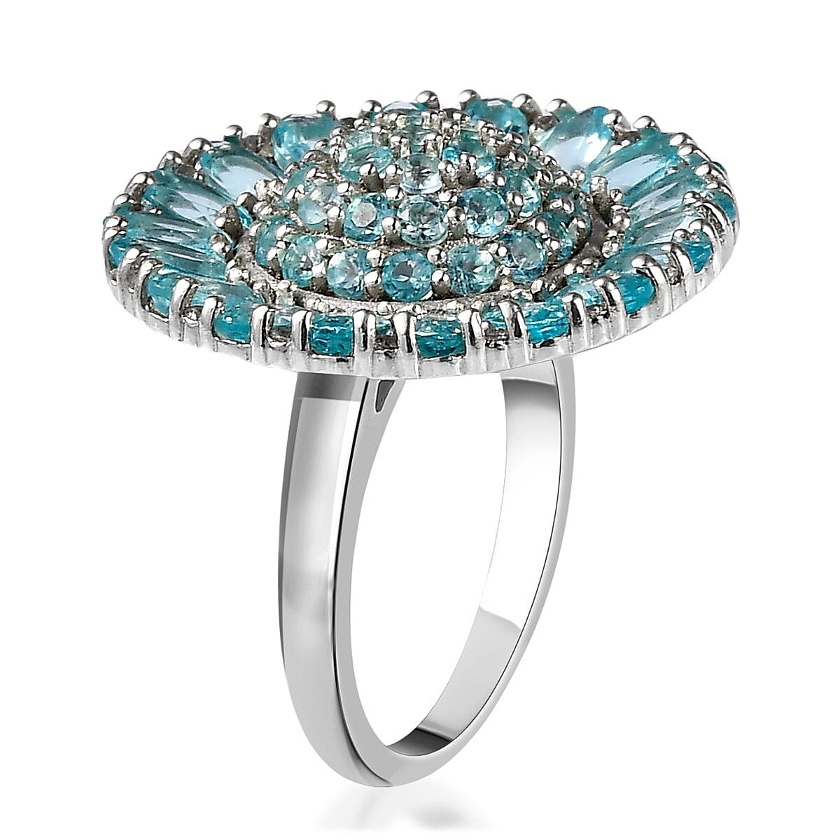 Madagascar Paraiba Apatite and Natural White Zircon Ring in Platinum Over Sterling Silver (Size 10.0) 6.10 ctw