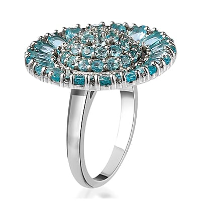 Madagascar Paraiba Apatite and Natural White Zircon Ring in Platinum Over Sterling Silver (Size 10.0) 6.10 ctw
