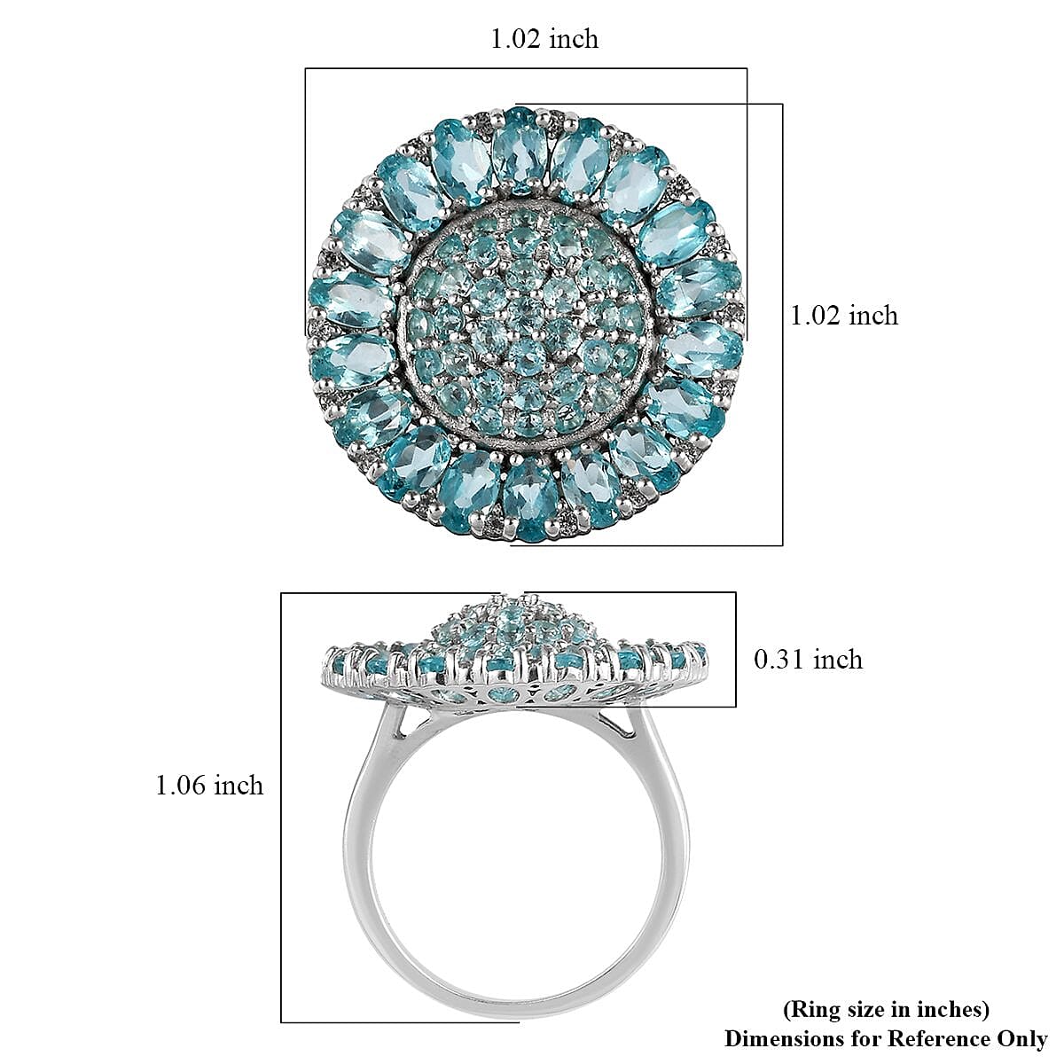 Madagascar Paraiba Apatite and Natural White Zircon Ring in Platinum Over Sterling Silver (Size 10.0) 6.10 ctw