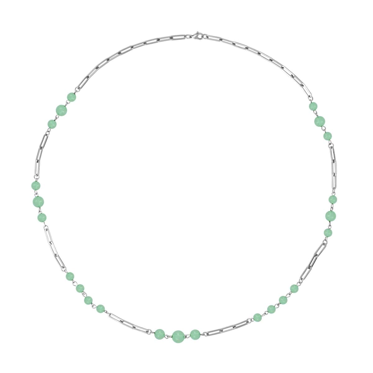 Green Aventurine 50.00 ctw Beaded Station and Paper Clip Chain Necklace in Stainless Steel 30 Inches, Tarnish-Free, Waterproof, Sweat Proof Jewelry image number 0