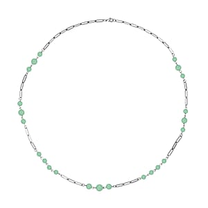 Green Aventurine 50.00 ctw Beaded Station and Paper Clip Chain Necklace in Stainless Steel 30 Inches, Tarnish-Free, Waterproof, Sweat Proof Jewelry