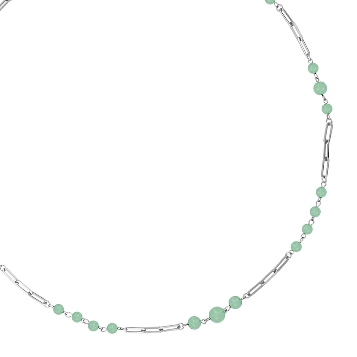 Green Aventurine 50.00 ctw Beaded Station and Paper Clip Chain Necklace in Stainless Steel 30 Inches, Tarnish-Free, Waterproof, Sweat Proof Jewelry image number 2