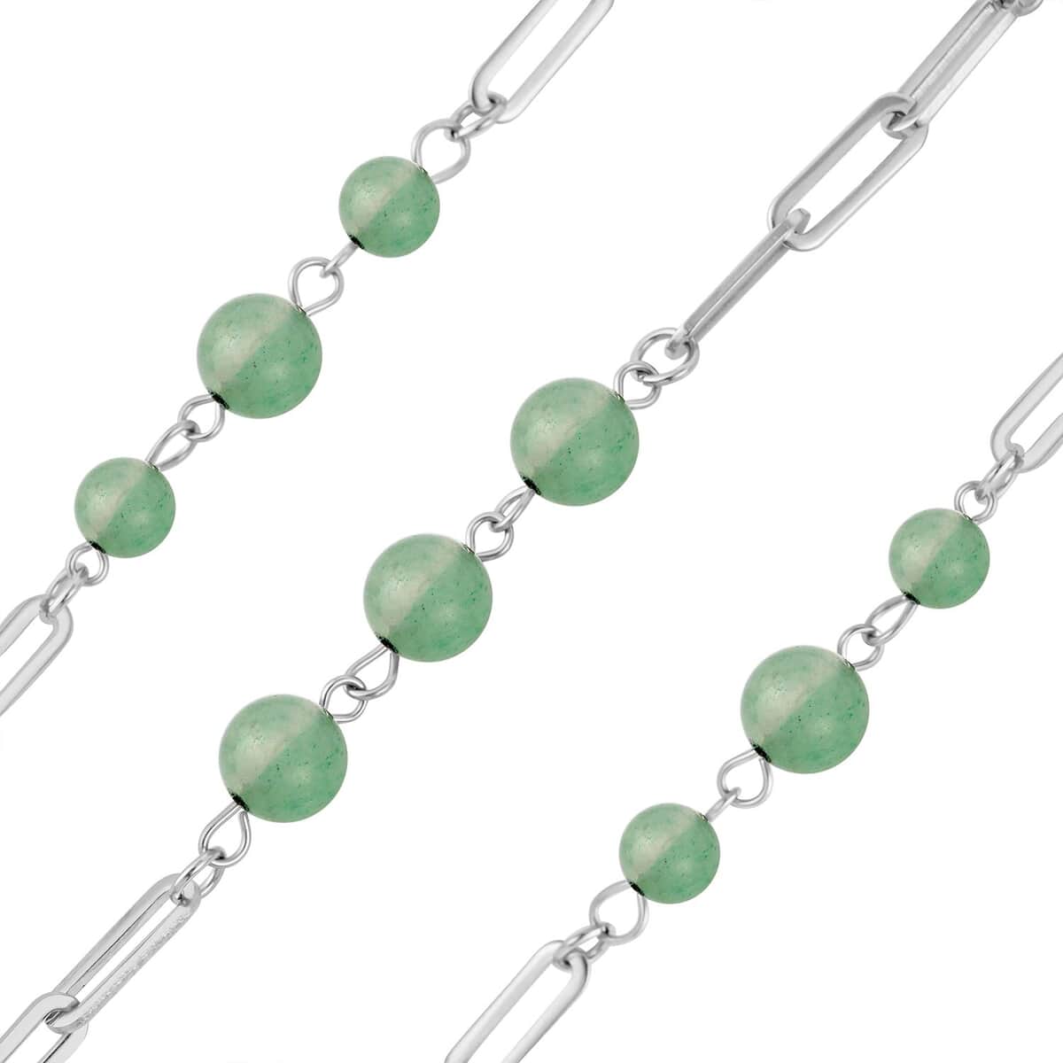 Green Aventurine Beaded Station and Paper Clip Chain Necklace (30 Inches) in Stainless Steel 50.00 ctw , Tarnish-Free, Waterproof, Sweat Proof Jewelry image number 3