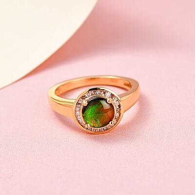 Ammolite and White Diamond 1.44 ctw Ring in 14K YG Over Sterling Silver (Size 10.0)