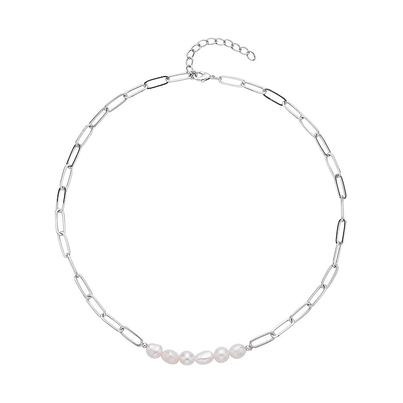 White Freshwater Pearl 7-9mm Paper Clip Chain Necklace in Silvertone 18-20Inches