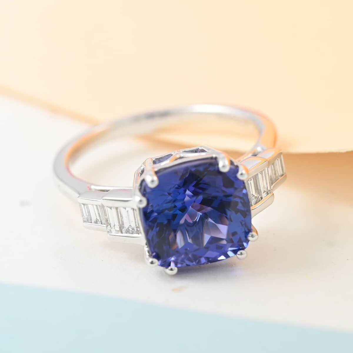 Doorbuster Certified & Appraised RHAPSODY 950 Platinum AAAA Tanzanite and E-F VS Diamond Ring 5.75 Grams 4.50 ctw image number 1