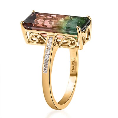 Luxoro 14K Yellow Gold AAA Bi-Color Tourmaline and G-H I3 Diamond Ring (Size 8.0) 8.10 ctw