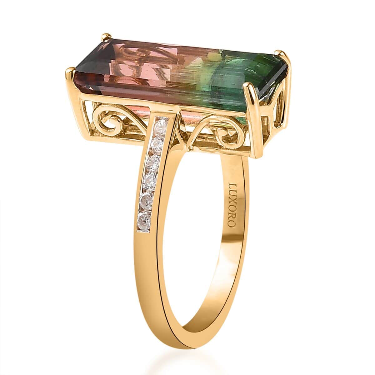 Luxoro 14K Yellow Gold AAA Bi-Color Tourmaline and G-H I3 Diamond Ring (Size 8.0) 8.10 ctw image number 3