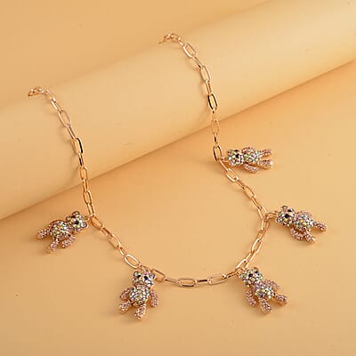 Multi Color Austrian Crystal Teddy Bear Charms Necklace 20-22 Inches in Goldtone