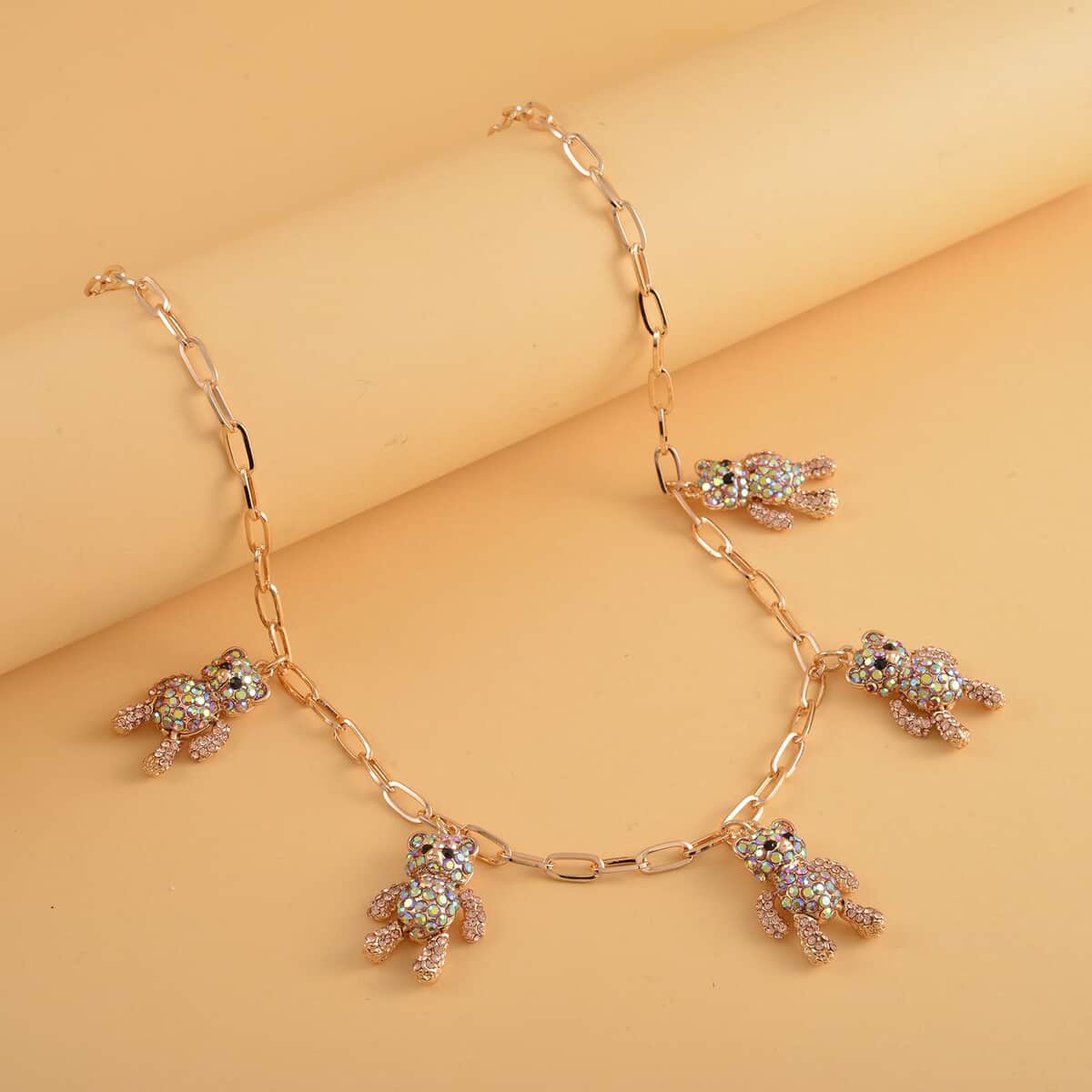 Multi Color Austrian Crystal Teddy Bear Charms Necklace 20-22 Inches in Goldtone image number 1