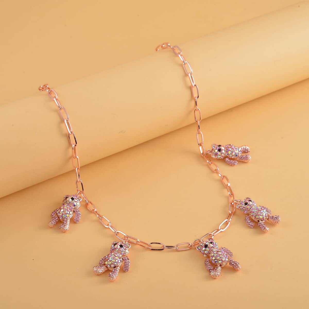 Multi Color Austrian Crystal Teddy Bear Charms Necklace 20-22 Inches in Rosetone image number 1