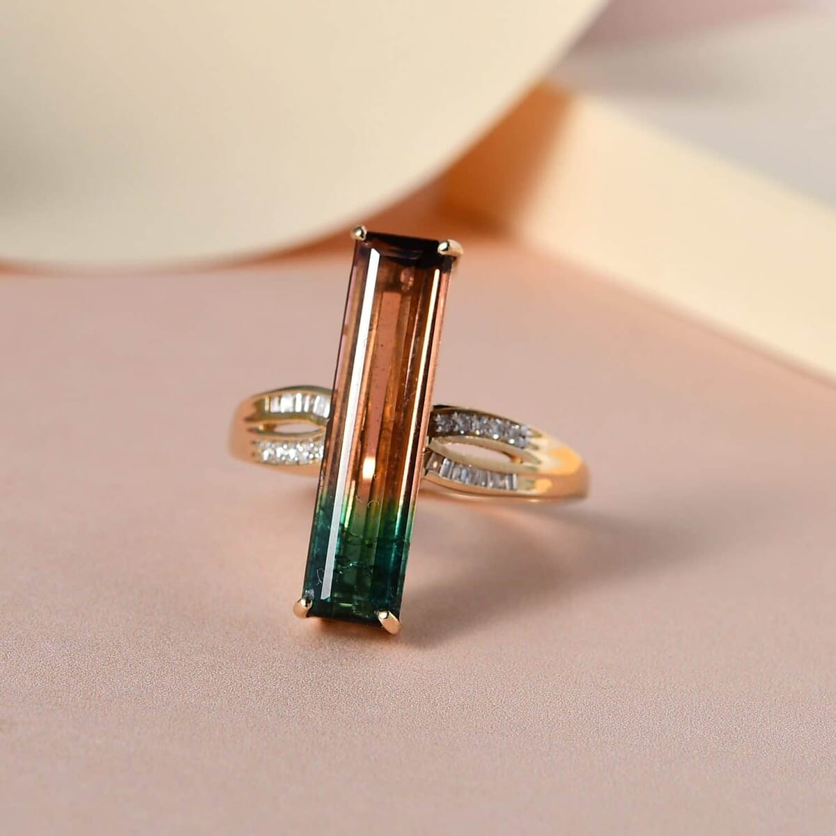 LUXORO 14K Yellow Gold Premium Bi-Color Tourmaline and G-H I2 Diamond Ring 3.80 Grams 5.75 ctw image number 1