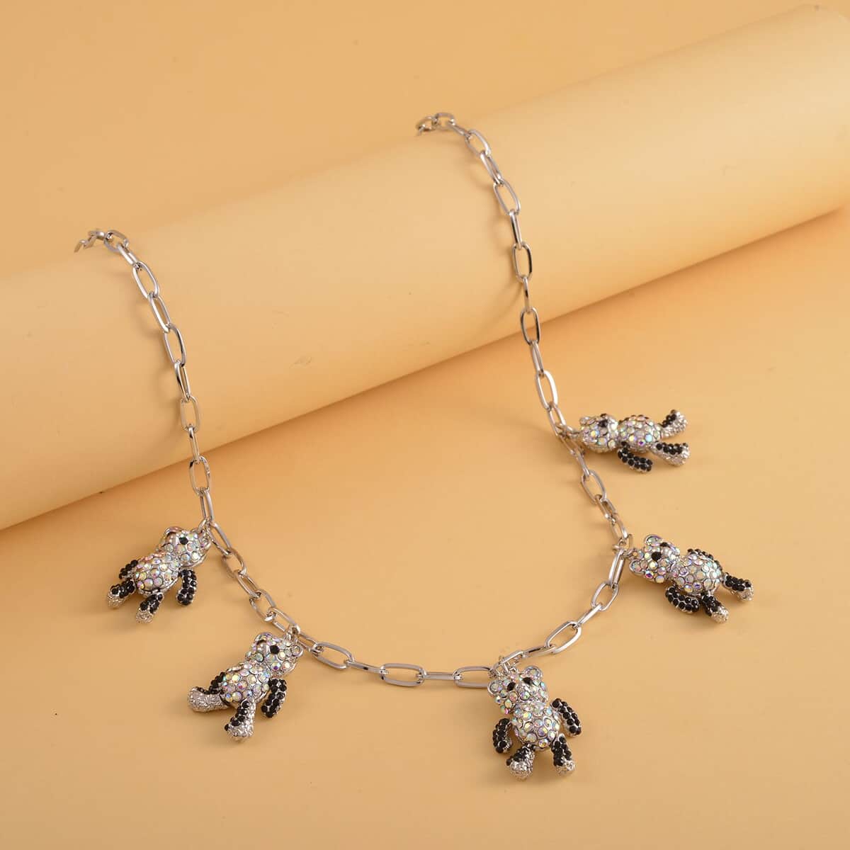 Black and White Austrian Crystal Teddy Bear Charms Necklace 20-22 Inches in Silvertone image number 1