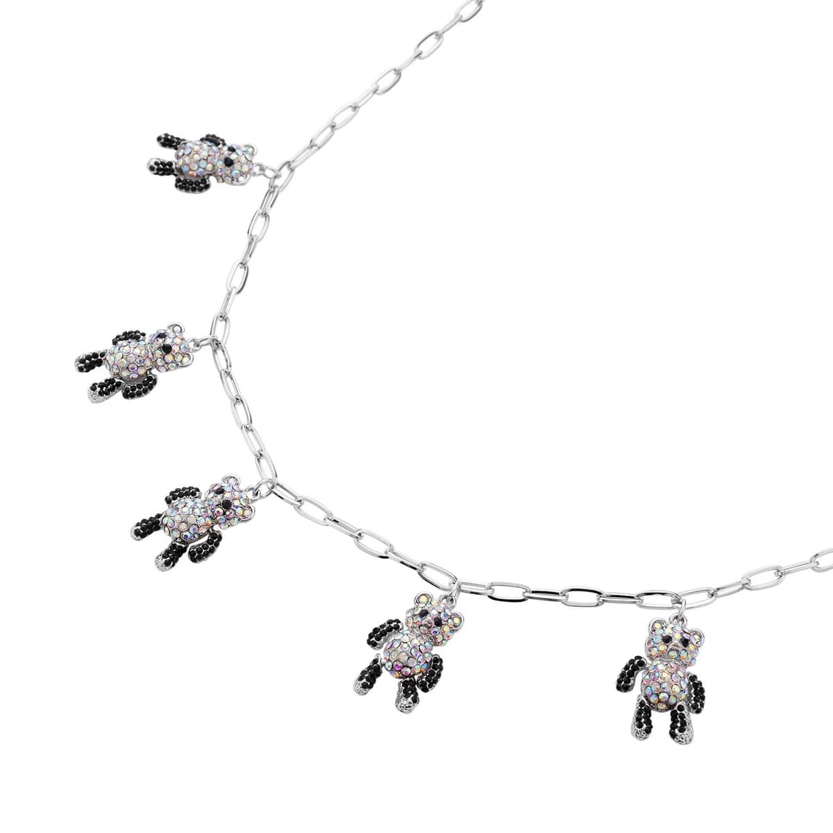 Black and White Austrian Crystal Teddy Bear Charms Necklace 20-22 Inches in Silvertone image number 2