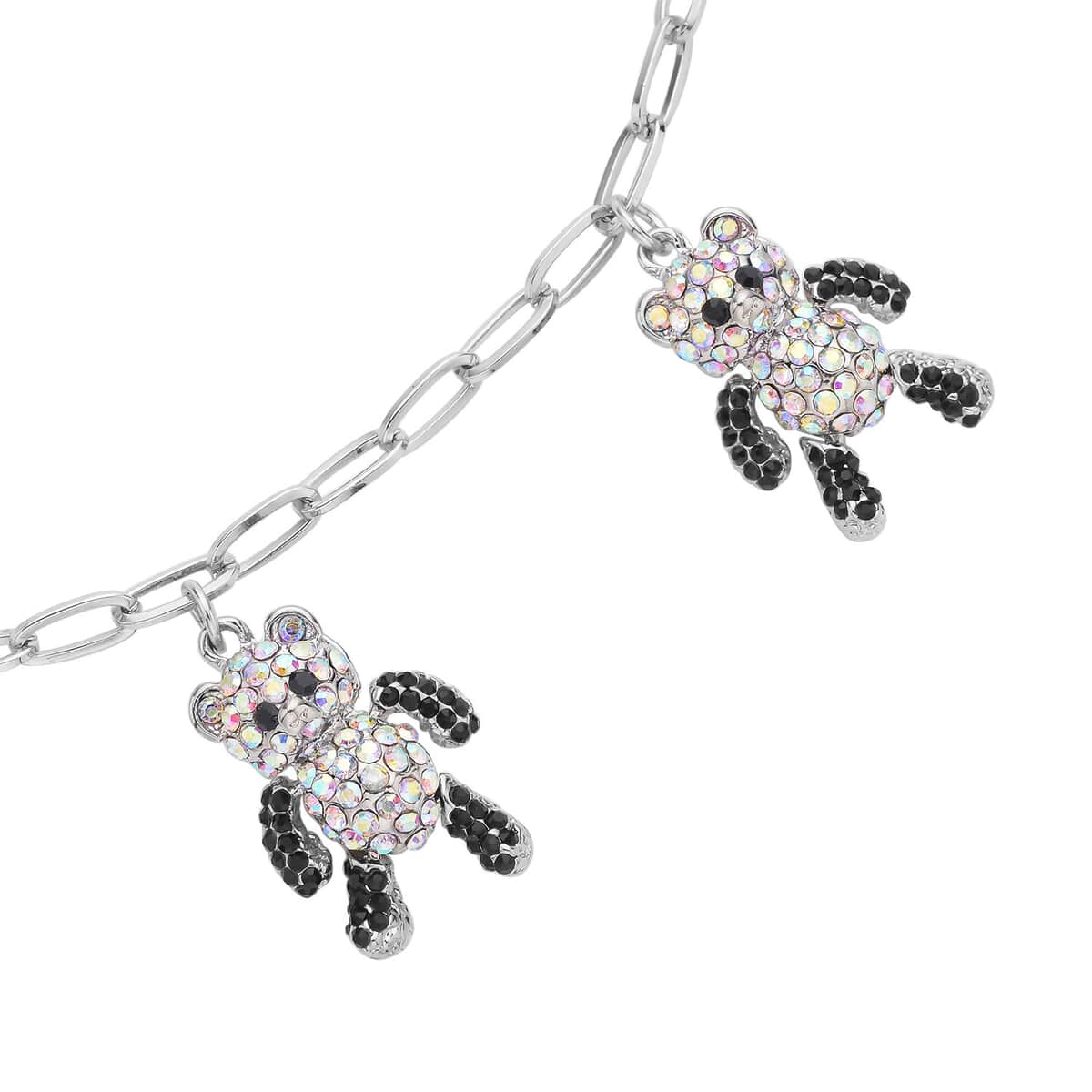 Black and White Austrian Crystal Teddy Bear Charms Necklace 20-22 Inches in Silvertone image number 3