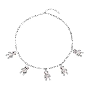 White, Aurora Borealis and Black Austrian Crystal Teddy Bear Charms Necklace 20-22 Inches in Silvertone