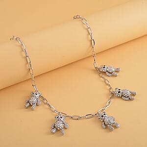 White, Aurora Borealis and Black Austrian Crystal Teddy Bear Charms Necklace 20-22 Inches in Silvertone