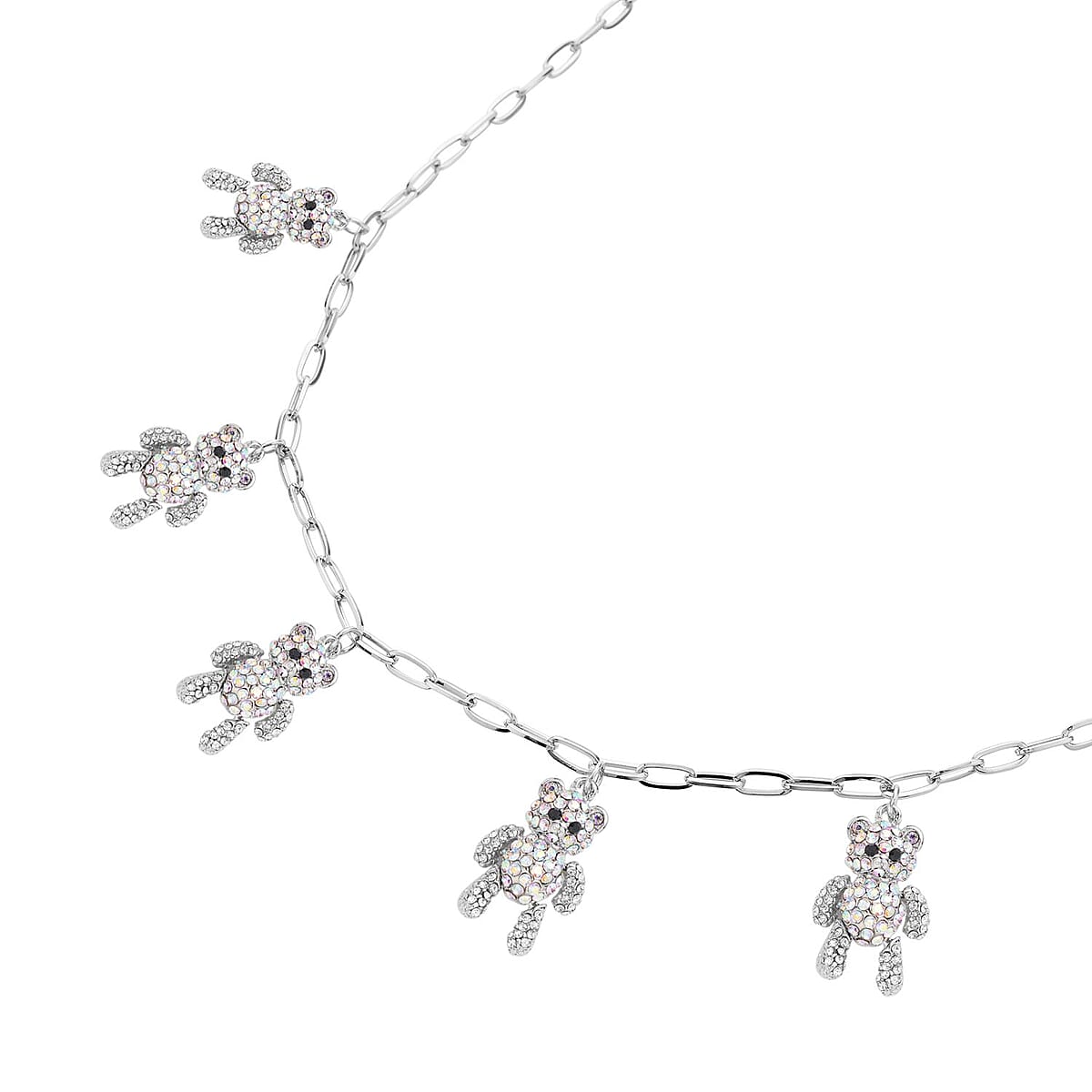 White, Aurora Borealis and Black Austrian Crystal Teddy Bear Charms Necklace 20-22 Inches in Silvertone image number 2