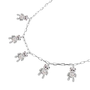 White, Aurora Borealis and Black Austrian Crystal Teddy Bear Charms Necklace 20-22 Inches in Silvertone