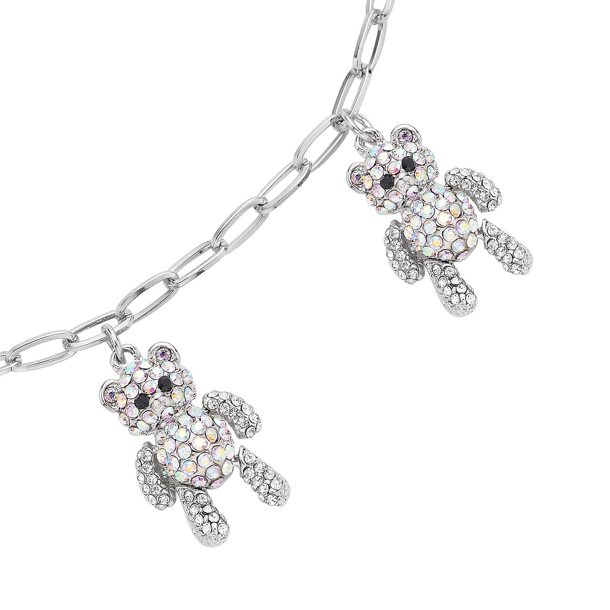 White, Aurora Borealis and Black Austrian Crystal Teddy Bear Charms Necklace 20-22 Inches in Silvertone image number 3