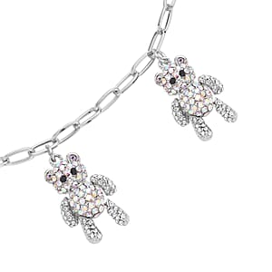 White, Aurora Borealis and Black Austrian Crystal Teddy Bear Charms Necklace 20-22 Inches in Silvertone