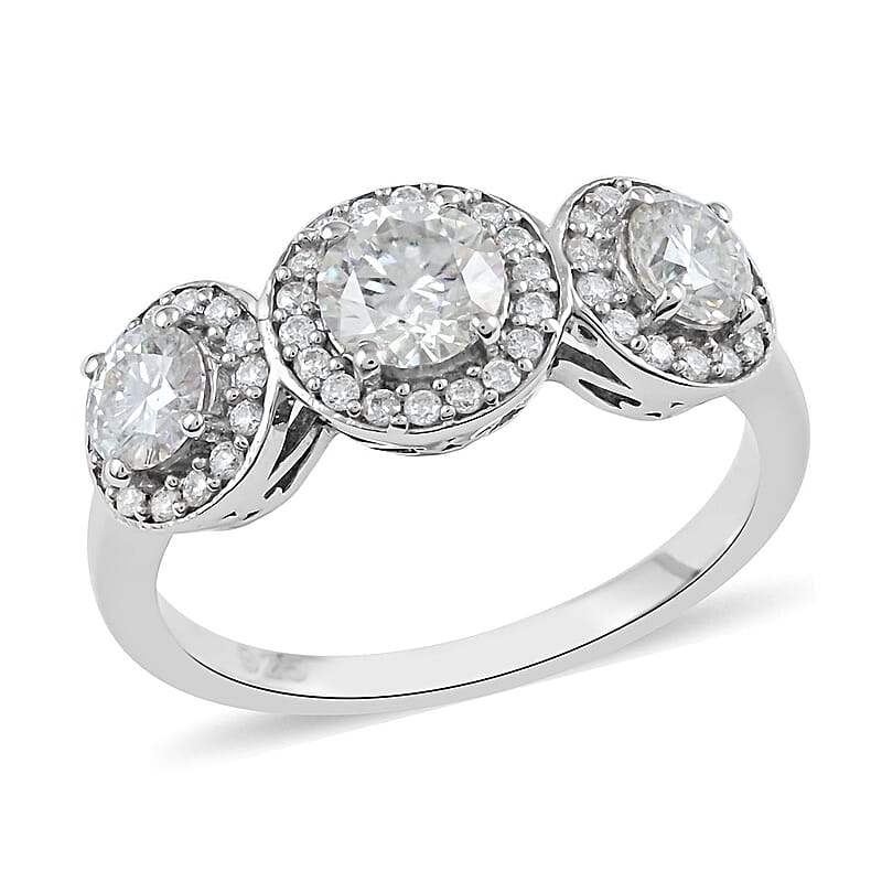 Brilliant Cut Moissanite Trilogy Halo Ring in Platinum Over Sterling Silver (Size 7.0) 1.35 ctw