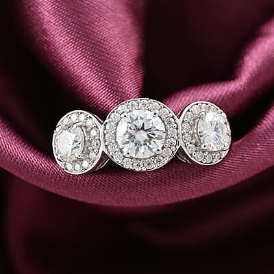 Brilliant Cut Moissanite Trilogy Halo Ring in Platinum Over Sterling Silver (Size 7.0) 1.35 ctw