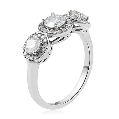 Brilliant Cut Moissanite Trilogy Halo Ring in Platinum Over Sterling Silver (Size 7.0) 1.35 ctw