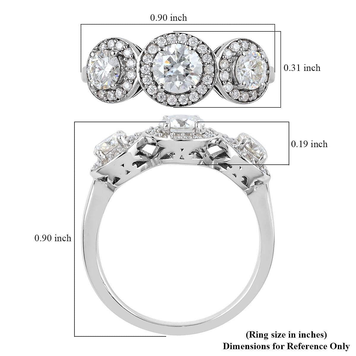 Brilliant Cut Moissanite Trilogy Halo Ring in Platinum Over Sterling Silver (Size 7.0) 1.35 ctw