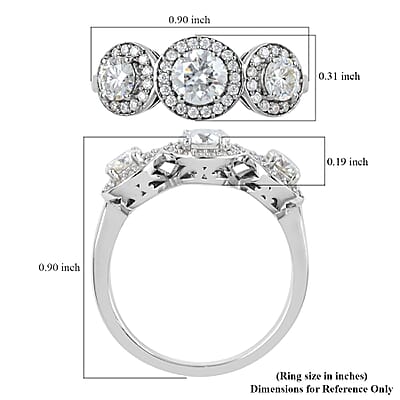 Brilliant Cut Moissanite Trilogy Halo Ring in Platinum Over Sterling Silver (Size 7.0) 1.35 ctw