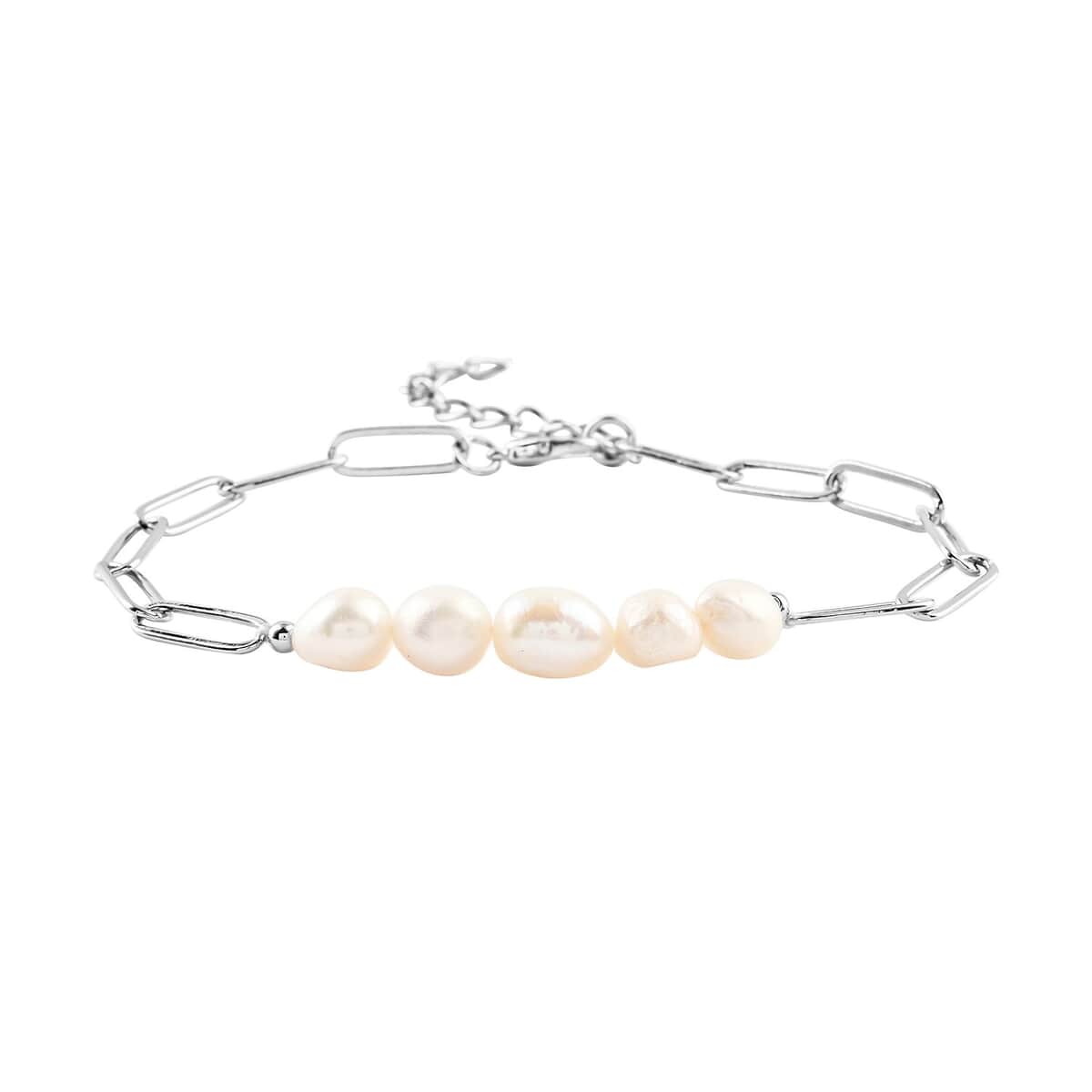 White Freshwater Pearl Paper Clip Chain Bracelet in Silvertone (8-10In) image number 0