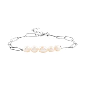White Freshwater Pearl Paper Clip Chain Bracelet in Silvertone (8-10In)