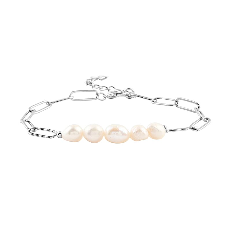 White Freshwater Pearl Paper Clip Chain Bracelet in Silvertone (8-10In)
