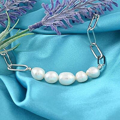 White Freshwater Pearl Paper Clip Chain Bracelet in Silvertone (8-10In)