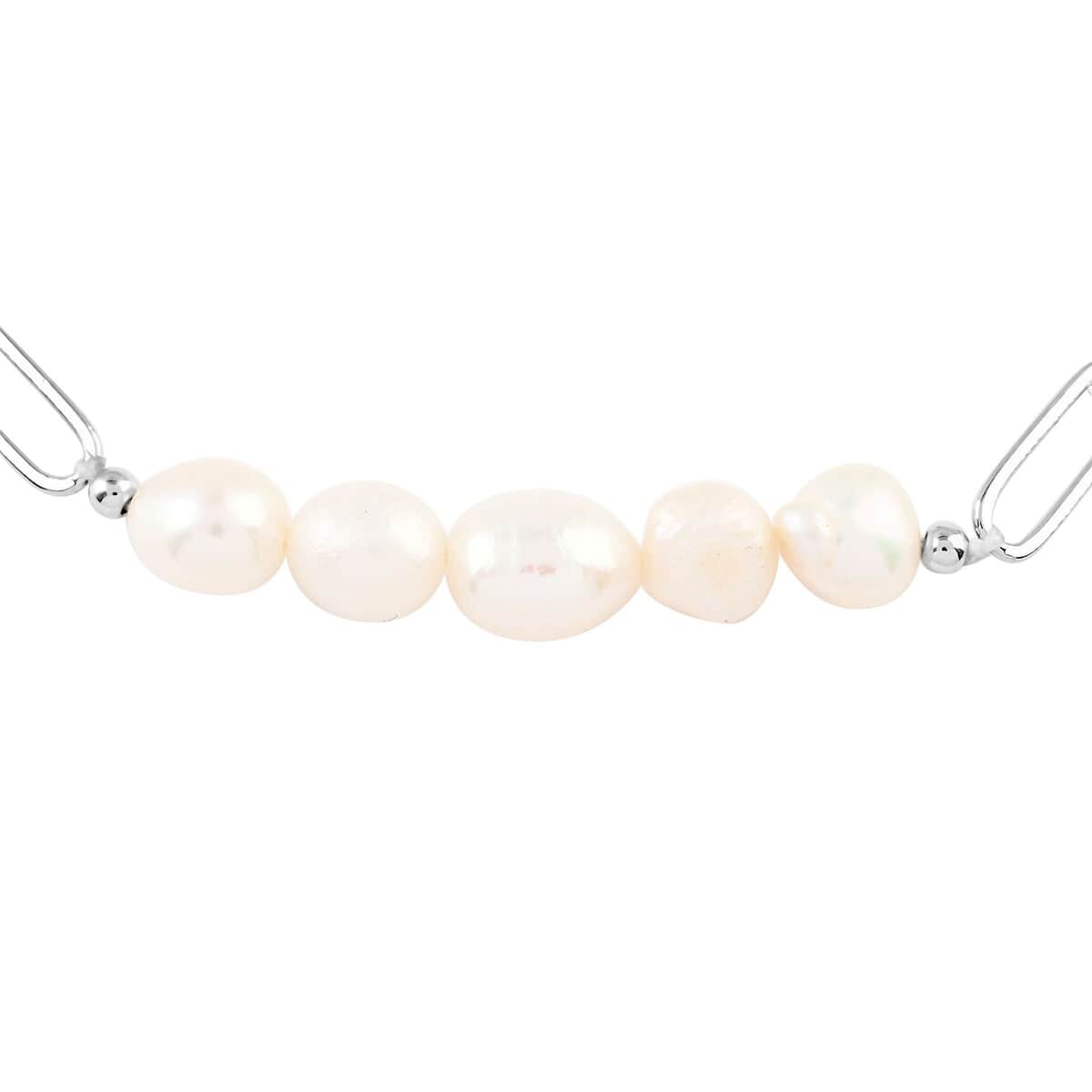 White Freshwater Pearl Paper Clip Chain Bracelet in Silvertone (8-10In) image number 2