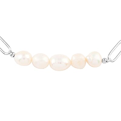 White Freshwater Pearl Paper Clip Chain Bracelet in Silvertone (8-10In)