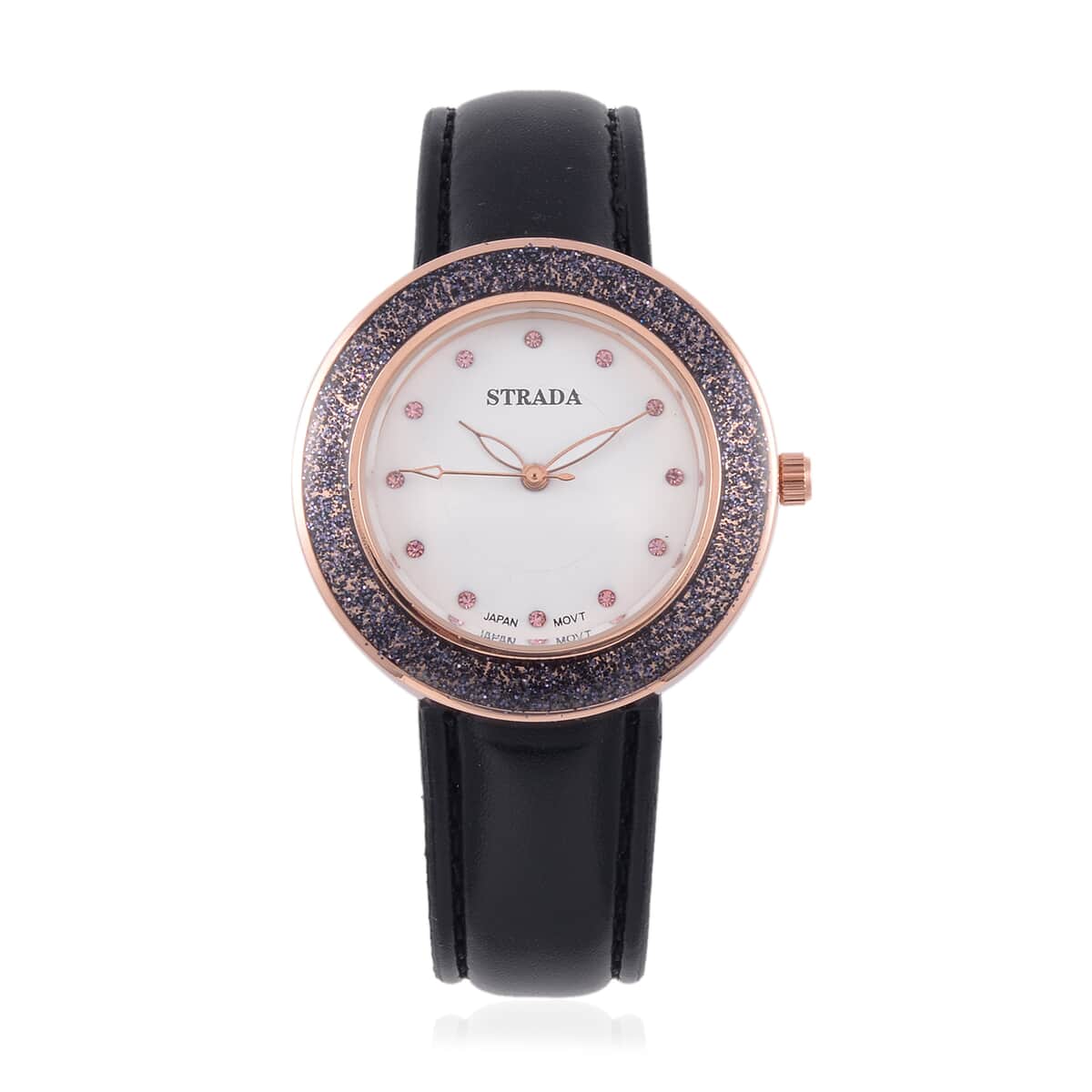 Strada Japanese Movement Pink Austrian Crystal, Black Enameled Watch with Black Faux Leather Strap (6.25-8.0 Inches) (36.32mm) image number 0