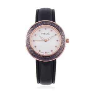 Strada Japanese Movement Pink Austrian Crystal, Black Enameled Watch with Black Faux Leather Strap (6.25-8.0 Inches) (36.32mm)