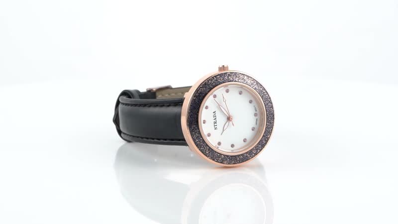 Strada Japanese Movement Pink Austrian Crystal, Black Enameled Watch with Black Faux Leather Strap (6.25-8.0 Inches) (36.32mm)