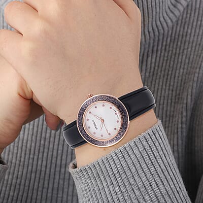 Strada Japanese Movement Pink Austrian Crystal, Black Enameled Watch with Black Faux Leather Strap (6.25-8.0 Inches) (36.32mm)