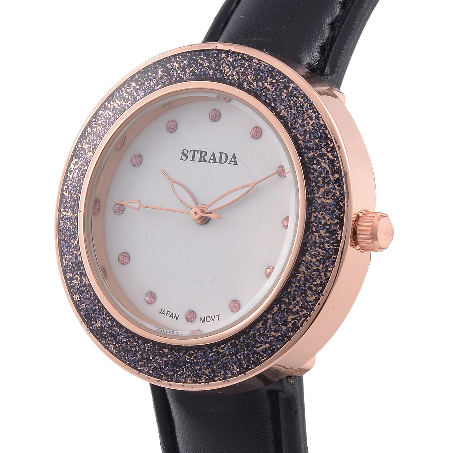 Strada Japanese Movement Pink Austrian Crystal, Black Enameled Watch with Black Faux Leather Strap (6.25-8.0 Inches) (36.32mm)